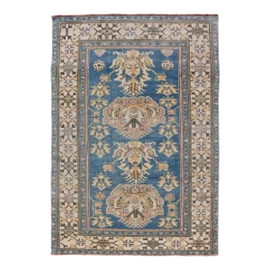 Vintage Turkish Oushak Rug With Large Medallion Design on a Blue Field 4'8 X 7'2