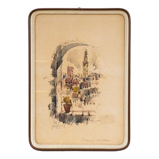 Antique Watercolor with Panoramic View, Signed Lutes, 2000s, Wood For Sale