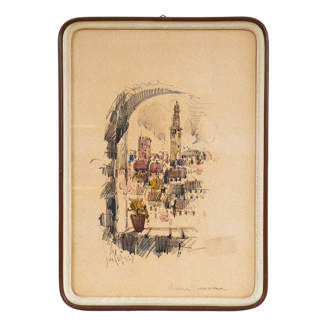 Antique Watercolor with Panoramic View, Signed Lutes, 2000s, Wood For Sale