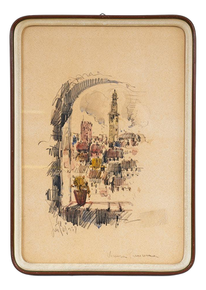Antique Watercolor with Panoramic View, Signed Lutes, 2000s, Wood