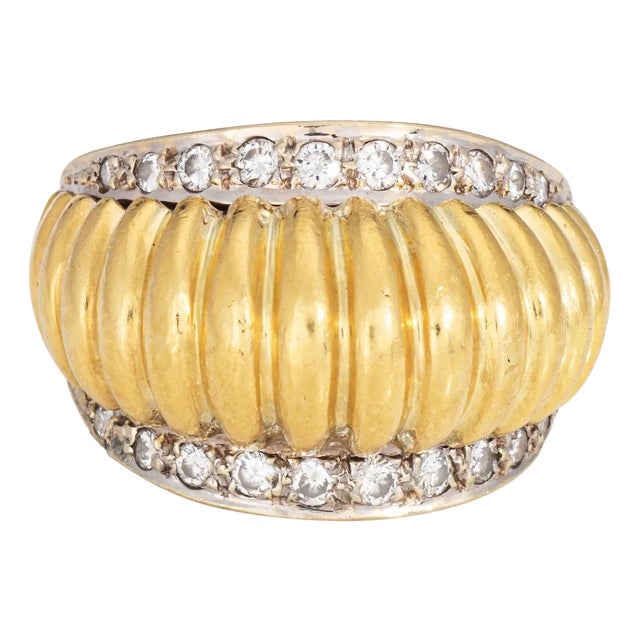 80s Vintage Fluted Dome Ring Size 8.5 Diamond 18k Yellow Gold Wide Band Jewelry For Sale