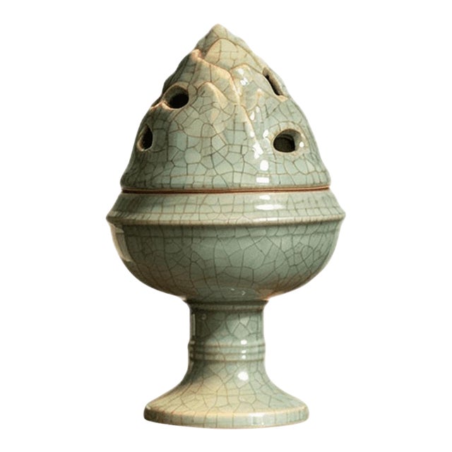 Chinese Ceramic Censer,Guan Ware Crackle Glaze Celadon Porcelain Incense Burner Hand Carved Flowers Pattern For Sale