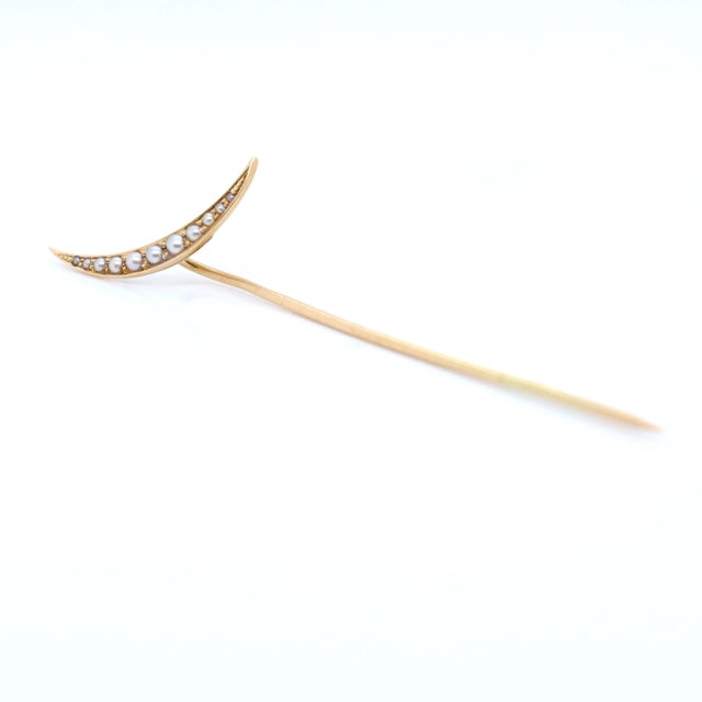 Traditional Vintage Antique 14k Gold & Seed Pearl Crescent Moon Stick Pin For Sale - Image 3 of 8
