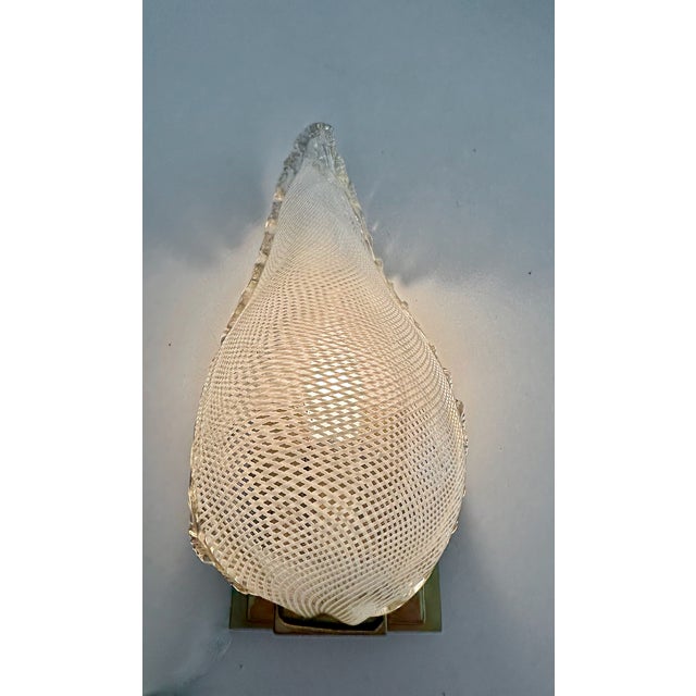 White Pair of Murano Latticino Leaf Form Wall Sconces For Sale - Image 8 of 17
