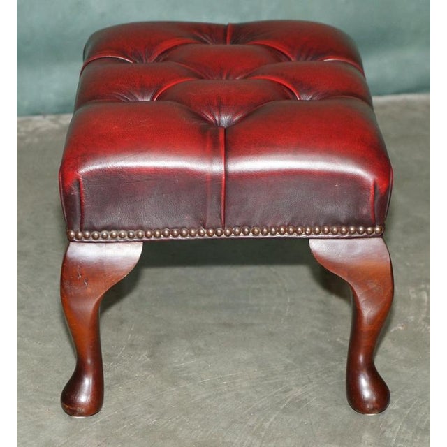 Animal Skin Antique Deep Buttoned Oxblood Leather and Hardwood Ottoman For Sale - Image 7 of 11