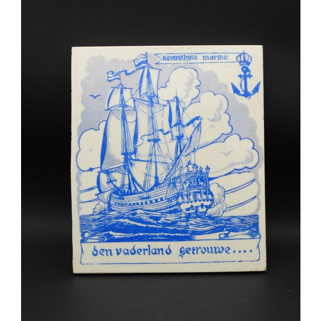 Ceramic Antique Dutch Royal Navy Sailing Ship Delft Blue & White Tile Sphinx Maritime Nautical For Sale - Image 7 of 8