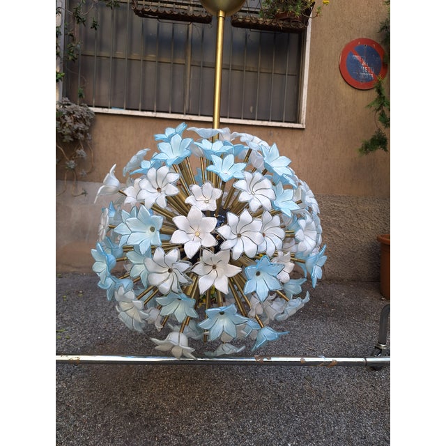 Large Brass Pendant Lamp with White and Blue Murano Glass Flowers For Sale - Image 9 of 9