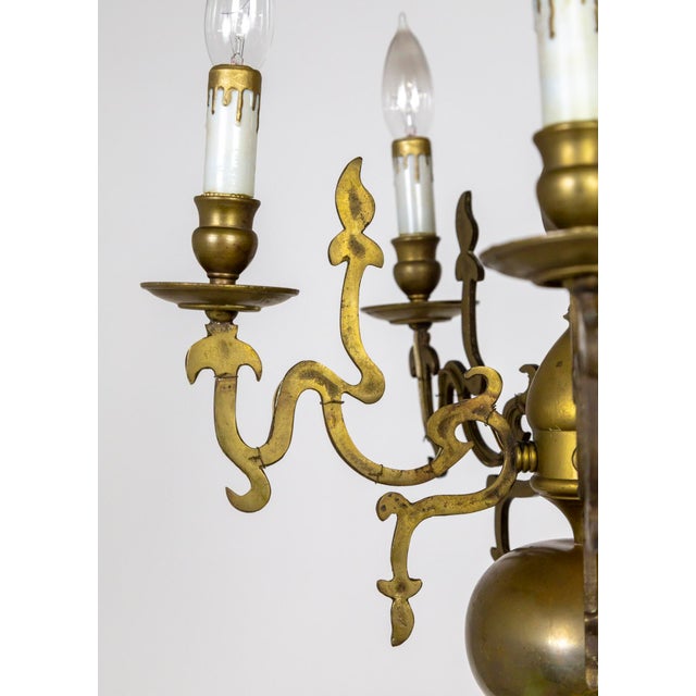 19th Century 19th Century Dutch 5-Light Brass Chandelier With Flame Detailing For Sale - Image 5 of 9