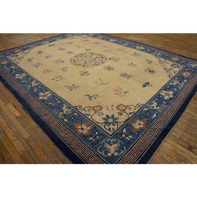 1920s Antique Chinese Peking Chinese Floral Medallion Deco Ivory Rug For Sale - Image 11 of 11