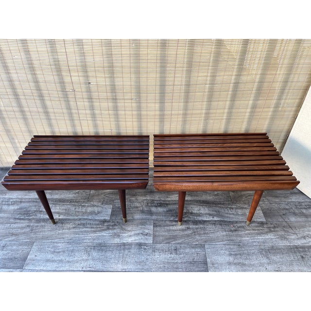 A Pair of Newly Restored Mid Century Modern George Nelson Style Wood Slat Benches / Side Tables. For Sale - Image 11 of 18