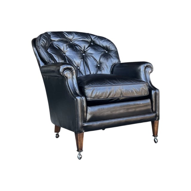 Black Vintage English Black Leather Club Chair With Tufted Back & Casters For Sale - Image 8 of 12