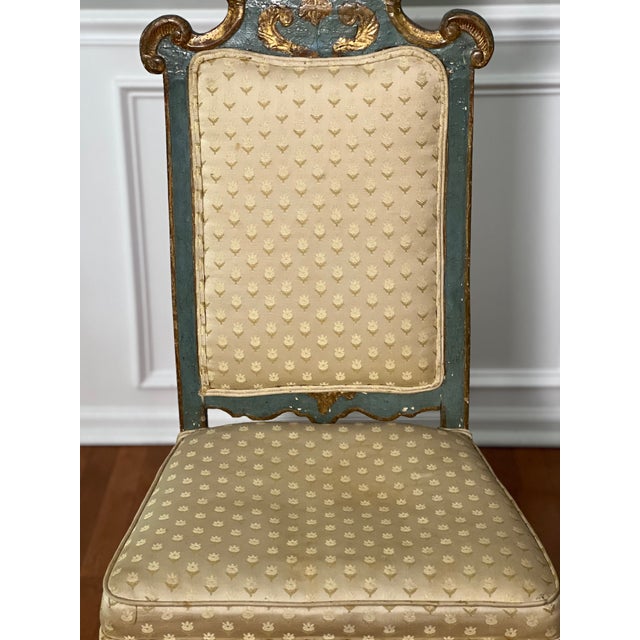 Celadon 18th Century Hand Carved Italian Rococo Painted and Parcel Gilt Side Chair For Sale - Image 8 of 16