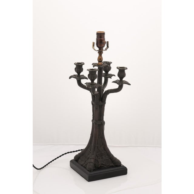 Early 20th Century Bronze Art Nouveau Bamboo & Floral Motif Lamps, France - a Pair For Sale - Image 4 of 7