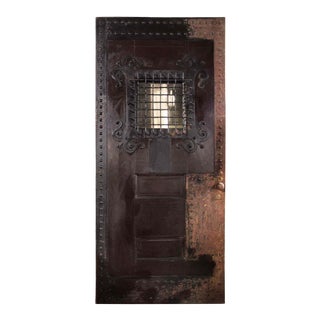 Antique Speakeasy Door Arts and Crafts Style Oak and Cast Iron Two Panel With Nailhead Detail For Sale