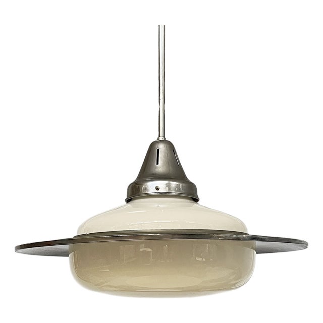 Italian Art Deco Round Pendant in Opaline Glass and Metal, 1930s For Sale