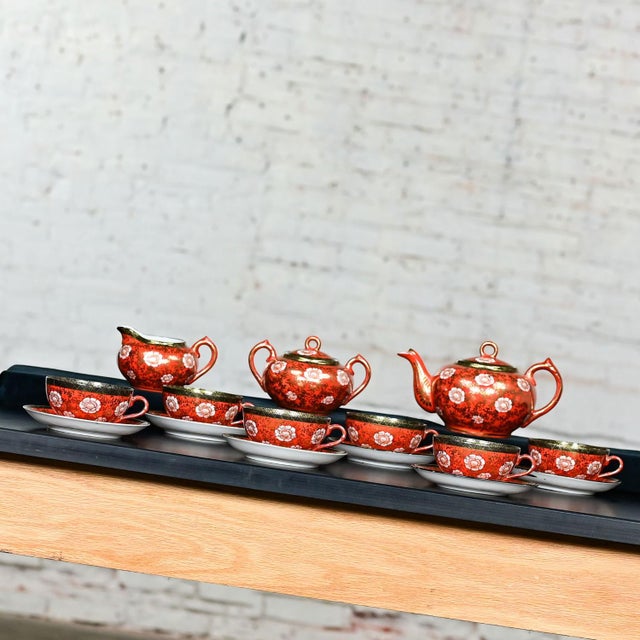 Chinese Mid-20th Century Oriental Chinese Red & Gold Hand Painted Porcelain Tea Set Made in Japan For Sale - Image 3 of 12