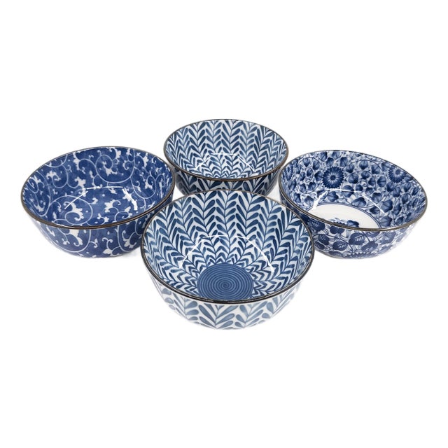 Hand-Painted Japanese Blue & White Porcelain Bowls Mixed Patterns - Set of 4 For Sale