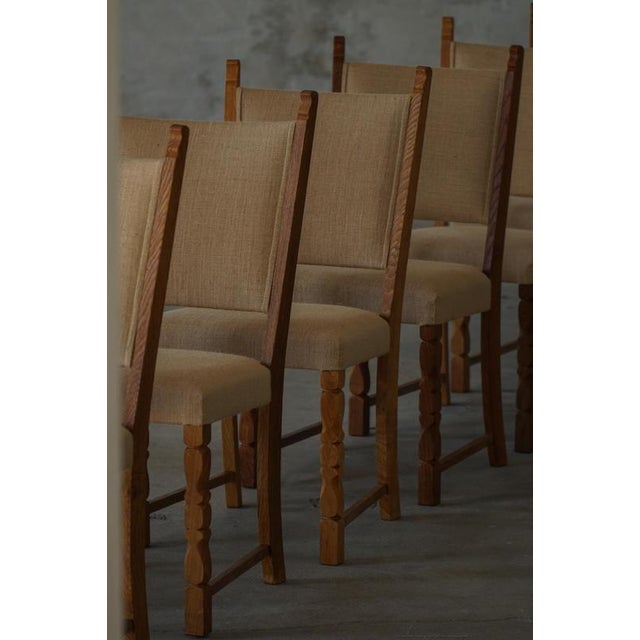 Danish Modern Dining Chairs in Oak and Hessian by Henning Kjærnulf, 1950s, Set of 10 For Sale - Image 11 of 18