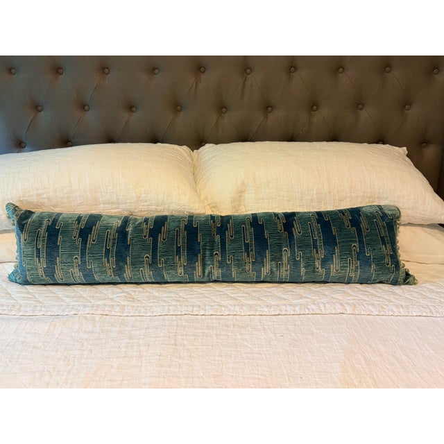 Modern Blue Velvet Lumbar Pillow With Silk Backing For Sale - Image 3 of 7
