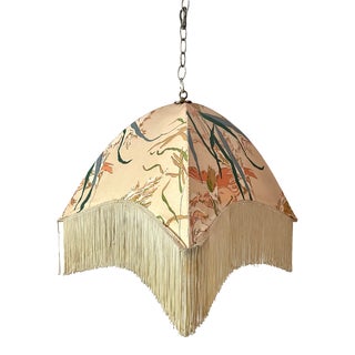 Vintage Fabric Swag Pendant Light With Fringe For Sale