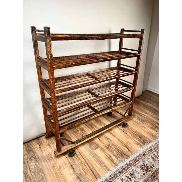 Industrial Antique Oak Shoe Factory Rolling Rack on Original Industrial Casters C. Late 19th Century For Sale - Image 3 of 15