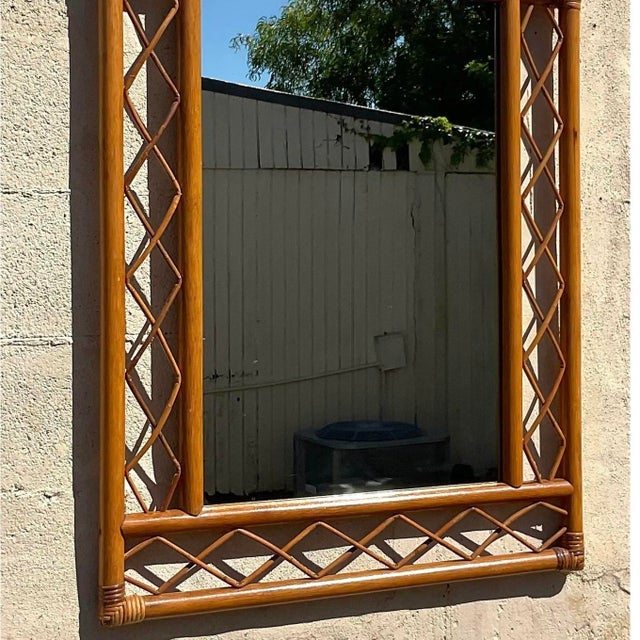 Wood Vintage Coastal Arched Rattan Trellis Wall Mirror For Sale - Image 7 of 10