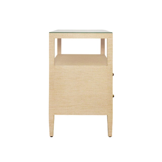 Worlds Away Matthew Izzo Home Douglas Natural Grass Cloth Two Drawer Side Table With One Open Shelf, Glass Top and Polished Brass Knobs For Sale - Image 4 of 8