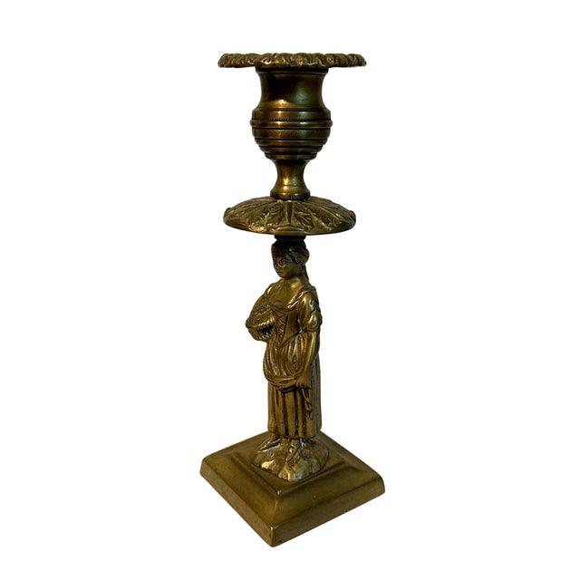 Antique 19th Century Regency Bronze Figural Lady w/Basket Candlestick Holder Gorgeous mid 19th century antique bronze...