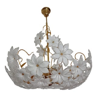 1970s Large Vintage Murano White Glass Calla Lily Flush Mount Chandelier For Sale