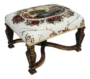 Antique Carved French Giltwood Ottoman in Toile
