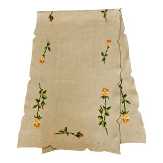Antique Silk Embroidered Taupe Linen Table Runner, C. 1920 For Sale