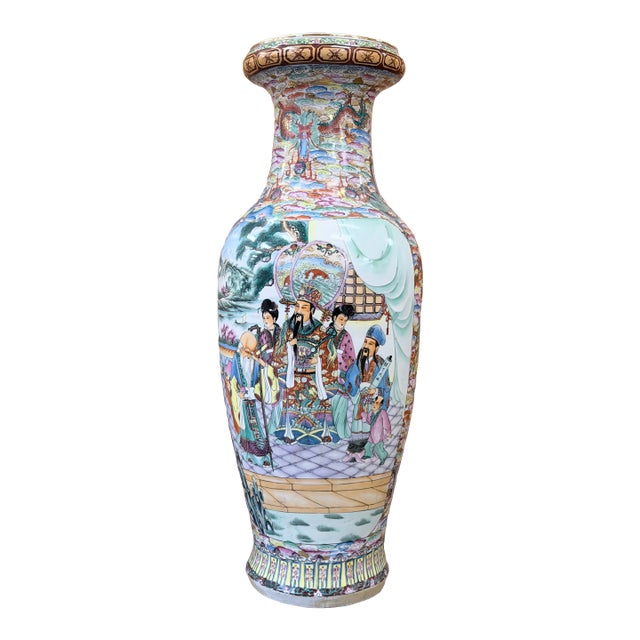 Mid 20th Century Large Chinese Famille Rose Porcelain Floor Vase With Courtly Scenes For Sale