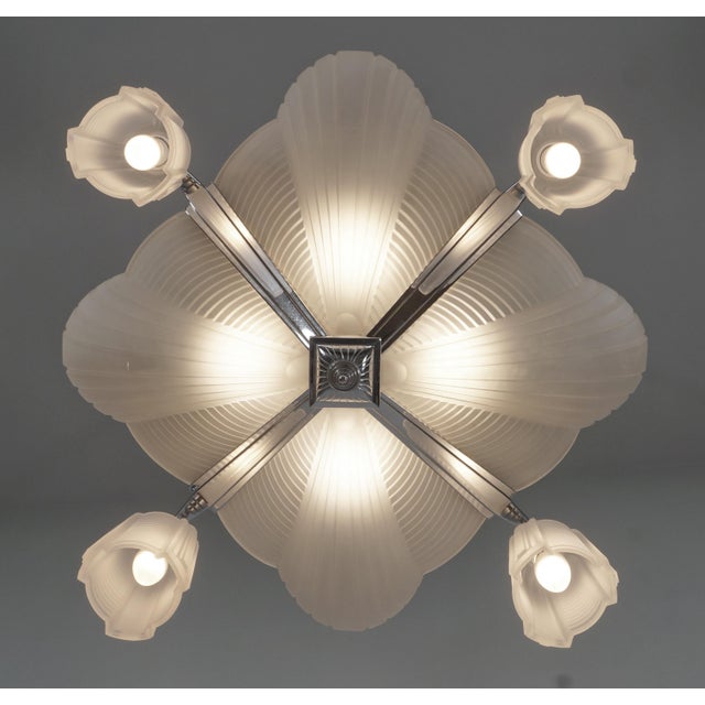 Metal Petitot French Modernist Art Deco Chandelier 1930s - Frosted Glass & Nickeled Bronze For Sale - Image 7 of 15