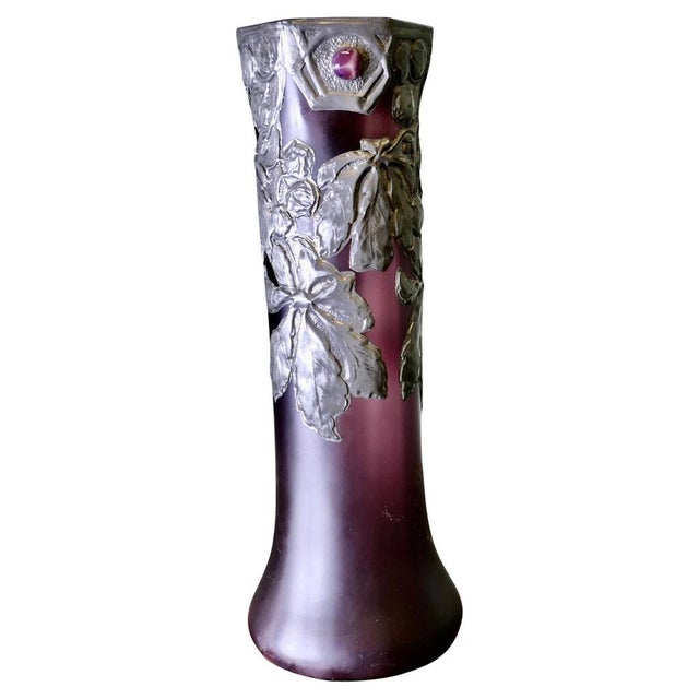 Purple French Art Nouveau Amethyst Vase with Pewter Overlay, 1900s For Sale - Image 8 of 8