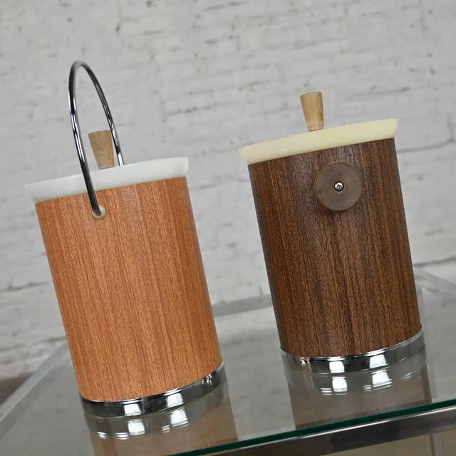 Mid 20th Century Vintage Mid-Century Modern Pair Kromex Ice Buckets 1 Light 1 Dark Woodgrain Textured Metal - Set of 2 For Sale - Image 5 of 13
