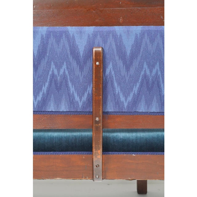 Mid 20th Century Traditional 114.75 In. Blue Velvet Walnut Settee Bench For Sale - Image 11 of 12