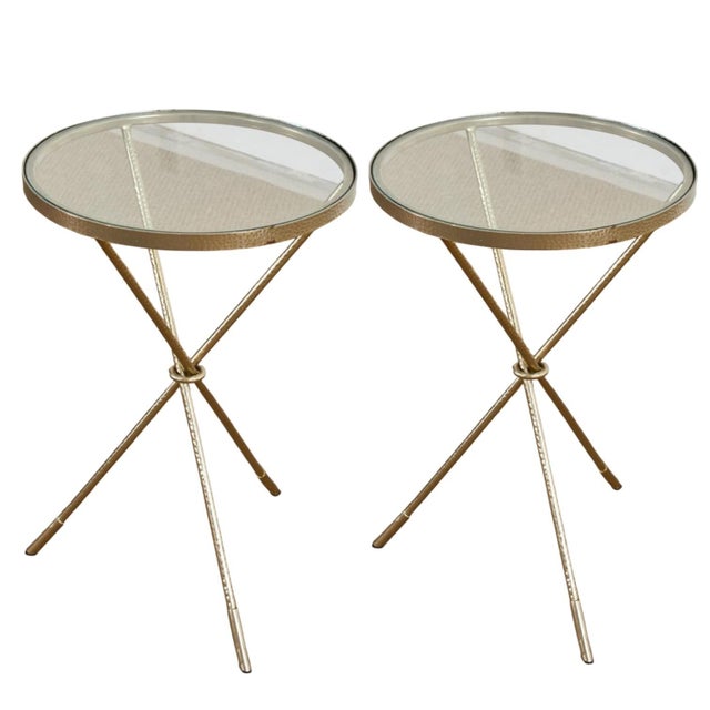 Mid-Century Modern An Elegant Pair of Midcentury Italian Hand-Hammered Gilded Tripod Drinks Tables Captures the Essence of Refined European Craftsmanship. For Sale - Image 3 of 5