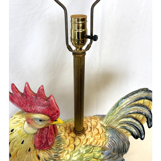 Red Vintage Large Ceramic Rooster Lamp on Wood Base For Sale - Image 8 of 17