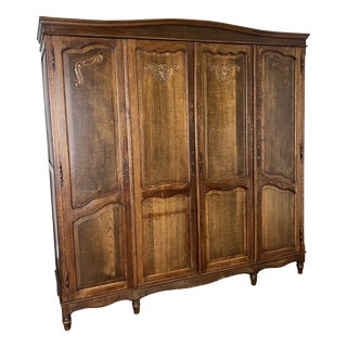 Vintage French Louis XVI Style Carved Oak 4-Door Wardrobe For Sale