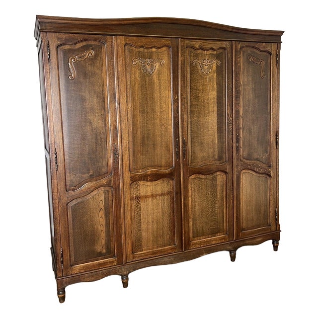 Vintage French Louis XVI Style Carved Oak 4-Door Wardrobe For Sale
