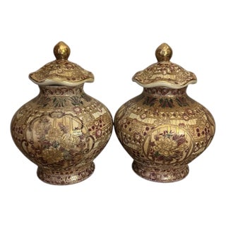 Vintage Satsuma Style Porcelain Lidded Temple Jars With Moriage and Gilt Detailing - A Pair For Sale