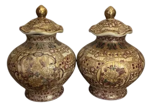 Vintage Satsuma Style Porcelain Lidded Temple Jars With Moriage and Gilt Detailing - A Pair