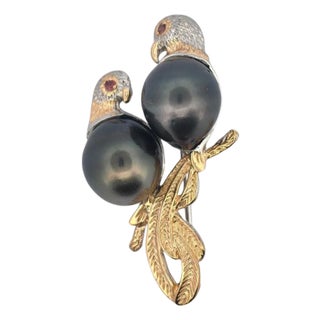 Bochic “Orient” Vintage Ruby & Black Tahiti Pearl Brooch Set In 18K Gold & Silver For Sale
