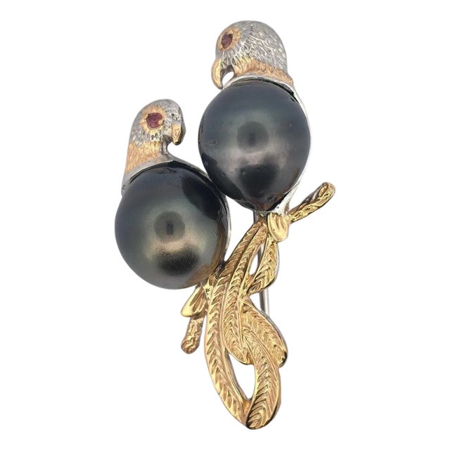 Bochic “Orient” Vintage Ruby & Black Tahiti Pearl Brooch Set In 18K Gold & Silver For Sale