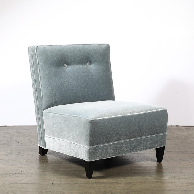 Pair of Mid-Century Button Back Detailed Slipper Chairs in Powder Blue Mohair For Sale - Image 9 of 13