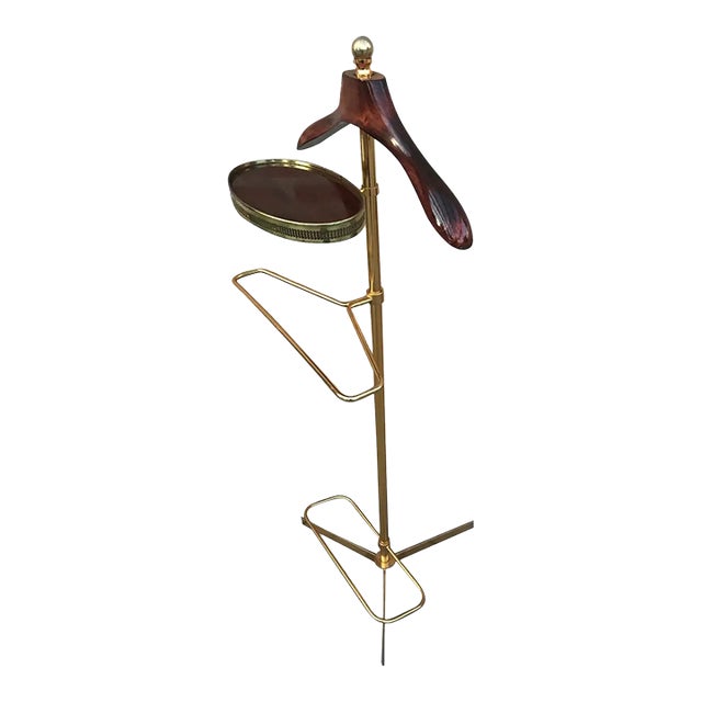 1970s Italian Hollywood Regency Brass and Wood Valet Stand Dressboy With Mirror For Sale