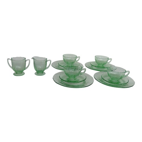 Green Depression Glass Tea Cups Saucers Cake Plates Creamer Sugar