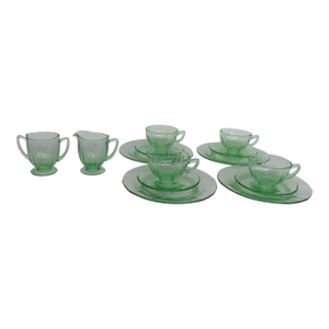 Green Depression Glass Tea Cups Saucers Cake Plates Creamer Sugar Bowl Set 4372b