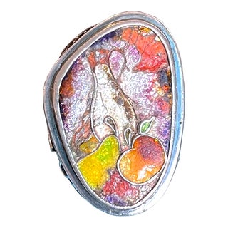 1910s Enamel Still Life Silver Ring Size 7.5 For Sale