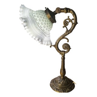 Antique Bronze Lamp with White Opaline Lampshade, 1900s For Sale